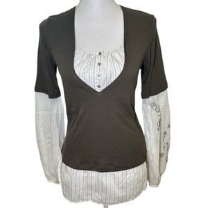 Cop.Copine Brown and White Blouse with Embroidered Sleeves